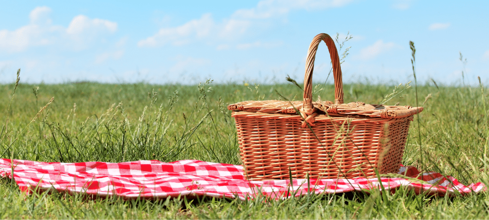野餐篮在一片空白上，绿草地上，蓝天