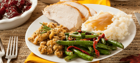 感恩节餐盘，里面有火鸡、馅料、土豆泥、肉汁和青豆。