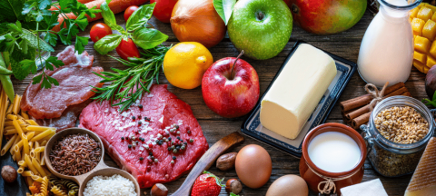 各种各样的食物，如谷物，蛋白质，水果，蔬菜和奶制品